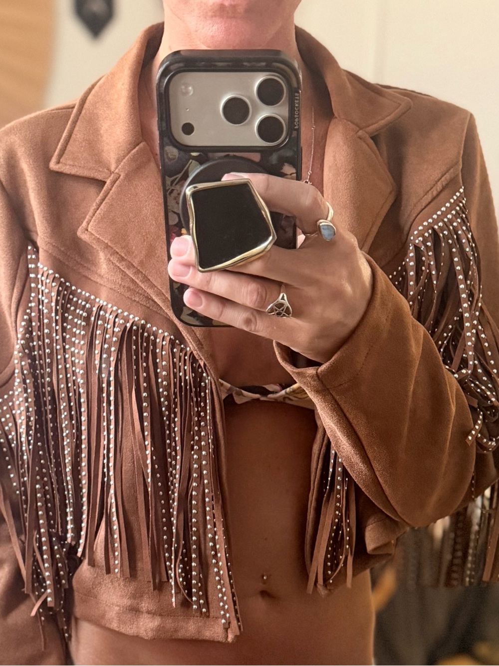 Francesca's Collections Brown Faux Suede Fringe Jacket with Studs - Picture 3 of 3